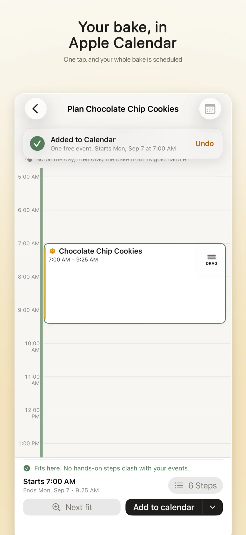 Beesy confirms a Chocolate Chip Cookies bake was added to Calendar as one free event from 7:00 to 9:25 AM, with an Undo action.