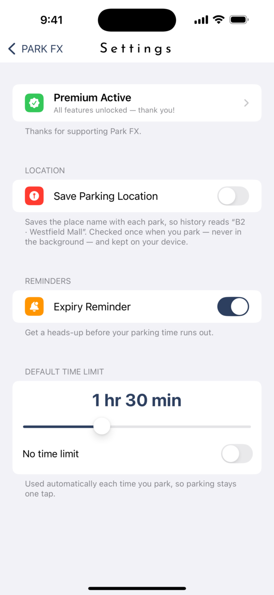 Park FX settings and reminders